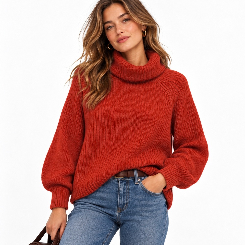 Ann Taylor Cashmere Sweater M Orange Cowl Neck Quiet Luxury Ribbed Knit